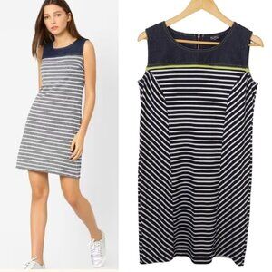 Point Zero Black and White Striped Denim and Cotton Short Dress